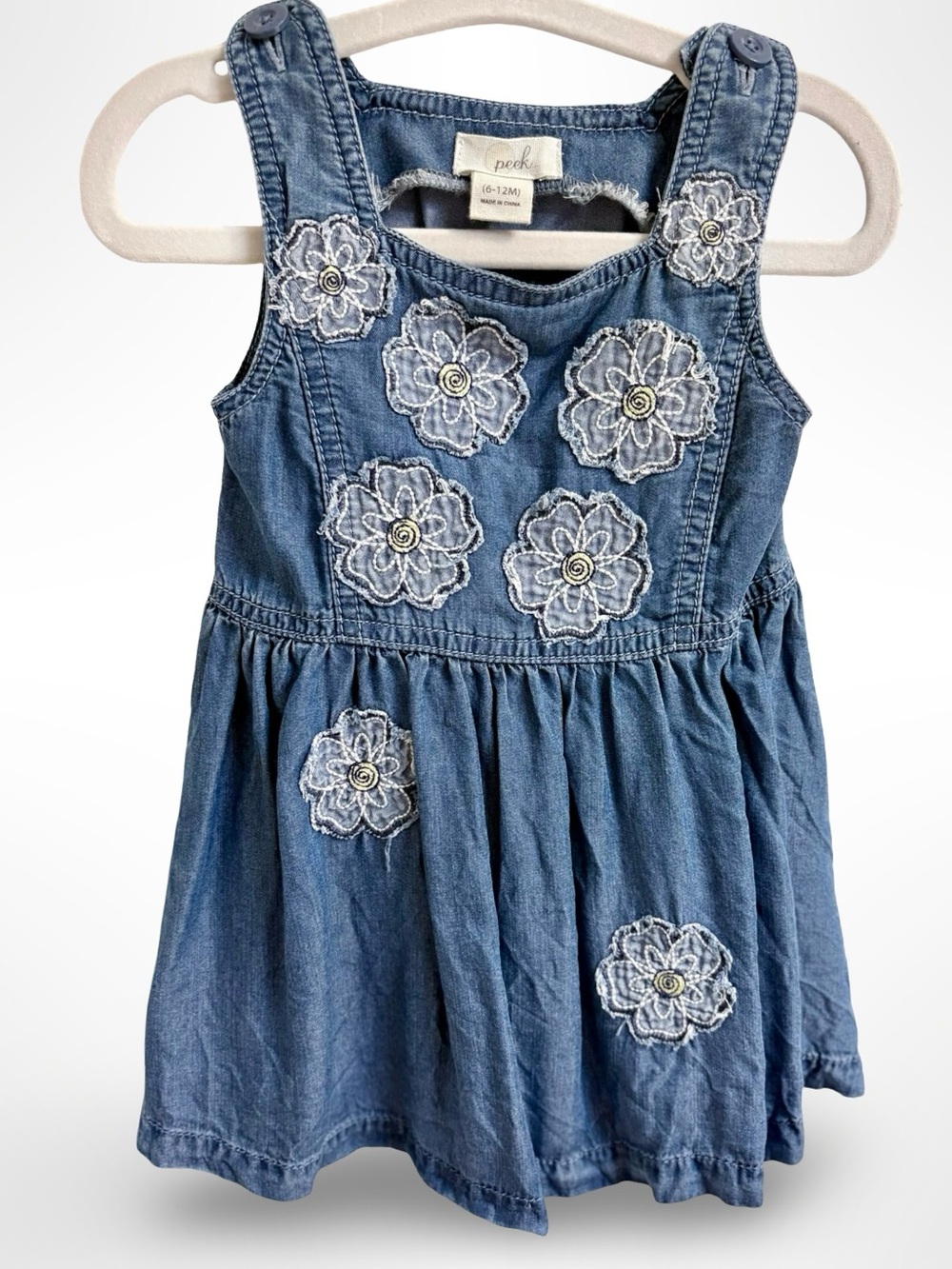 Peek Denim Embroidered Flower Baby Dress Sun Jumper Sz 6-12M Girl